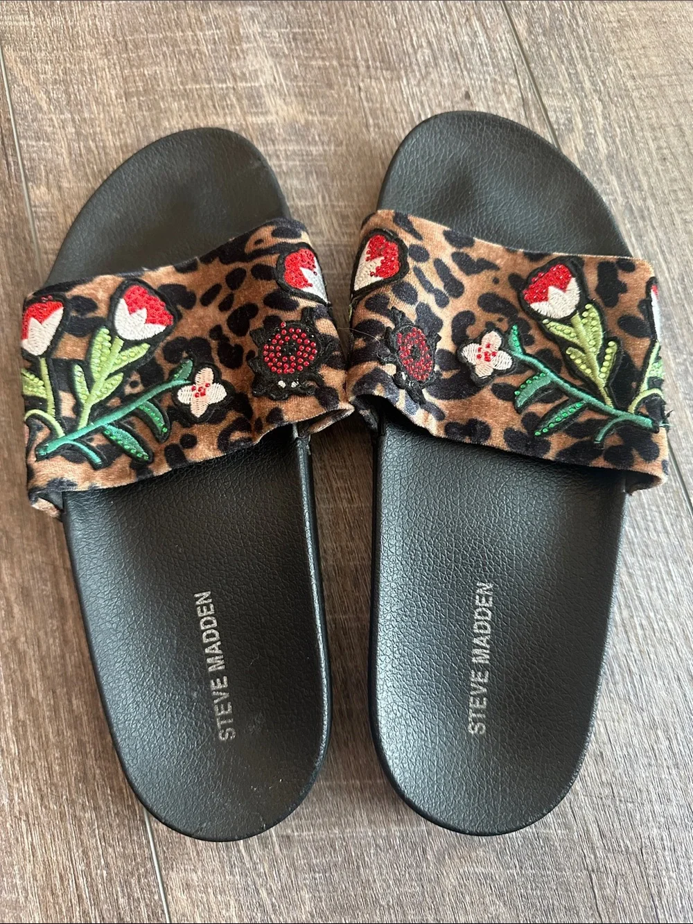 Steve Madden Leopard Slide Sandals with Strawberry Embroidery
